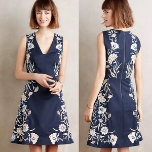 Anthropologie Navy Floral Embroidered Sleeveless Dress